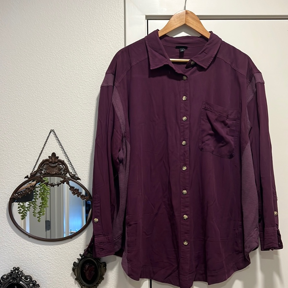 Drop Shoulder Button Front Shirt - Rayon & Waffle Knit Purple